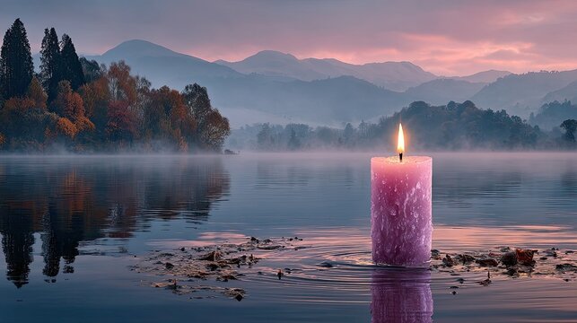 Pink candle floats on a serene lake at dawn, autumnal scenery