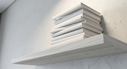 Obraz premium Stack of Blank White Books on Minimalist Wooden Shelf against Textured White Wall