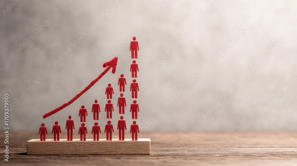 Aufkleber red figure standing on a wooden block representing growth with an upward graph arrow symbolizing suc