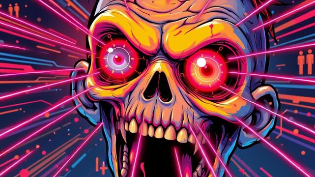 Futuristic skull with glowing eyes neon colors, cyberpunk digital background, intense technology theme, horror illustration, undead glowing eye