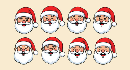 Eight cartoon Santa Claus heads with different expressions, including winking, smiling, and happy, arranged on a light background.