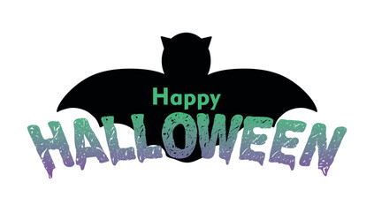 Happy Halloween greeting text vector illustration. Element with bat and grungy font. for sticker or another marketing materials and content.