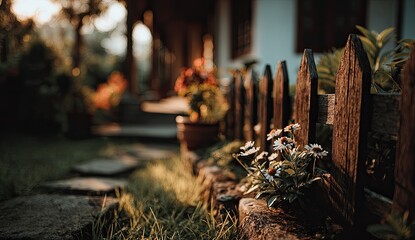 Rustic wooden fence with flowers