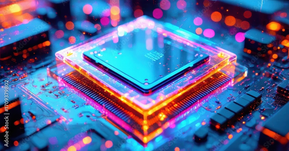 Poster bright processor chip glows, surrounded by colorful lights. complex circuitry visible, futuristic de