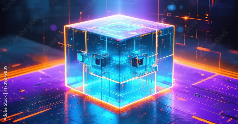 Poster glowing cube sits atop platform. complex circuitry visible within transparent structure. futuristic 