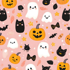 Naklejka premium Kawaii Halloween Seamless Pattern 