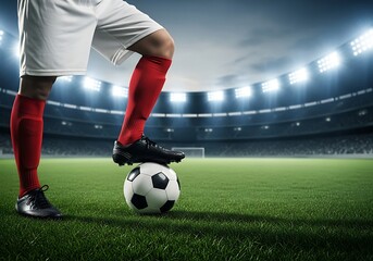 Naklejka premium Soccer Player's Foot on Ball in Stadium, Ready to Play, Dramatic Lighting