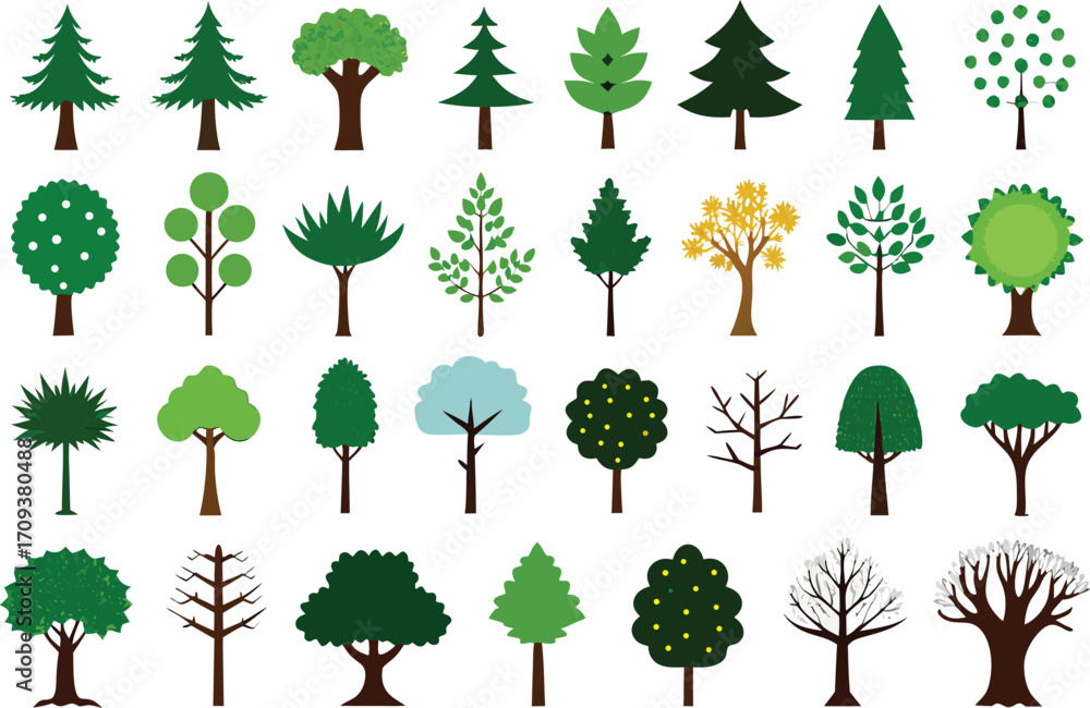 Poster diverse collection of scalable vector tree illustrations for four seasons nature design elements