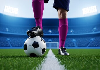 Fototapeta premium Soccer Player's Foot on Ball, Stadium Background, Ready to Play