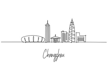 Obraz premium Modern one line drawing of Changzhou skyline highlights its towers, stadium and cultural landmarks in minimalist outline, an artistic representation of this vibrant Chinese cityscape.