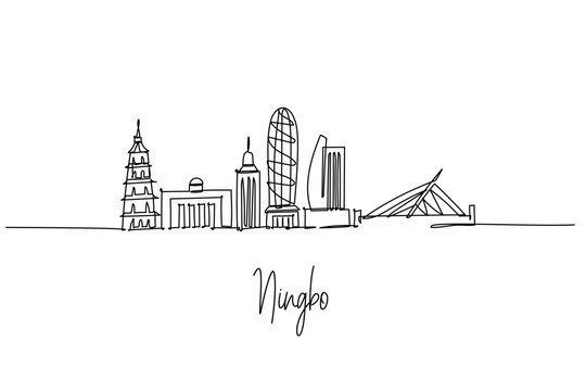 Elegant one line drawing of Ningbo skyline features towers, domes and pagodas in minimalist outline, an artistic cultural cityscape illustration perfect for travel posters and architecture prints.