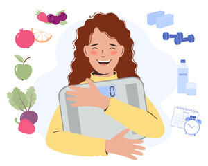 Young happy cheerful woman with scale in her hands. Healthy lifestyle weight loss concept.  Proper nutrition, healthy food,  fitness, weight management. 