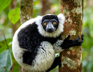 Obraz premium Black and white lemur clinging to a tree trunk in a lush forest