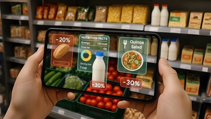 Grocery Store Shopper Using AR App to View Discounts, Nutrition, and Recipes