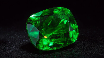 Fototapeta premium Macro close-up of emerald gemstone, green facets glowing under white light, polished surface radiant.
