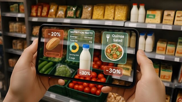 Grocery Store Shopper Using AR App to View Discounts, Nutrition, and Recipes