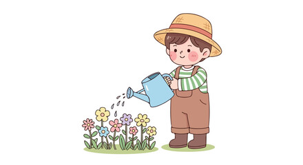 Cute Child Gardener Watering Flowers.