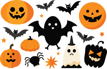 Spooky halloween collection vector graphics with pumpkins ghosts bats and spiders