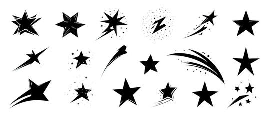 Stylized star vector icons featuring various designs, including shooting stars, sparkles, and starbursts, perfect for graphic design projects and creative applications