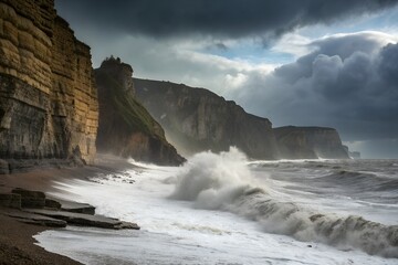 A powerful storm brews over the rocky coastline, with dramatic waves crashing against the shore under a dark and cloudy sky