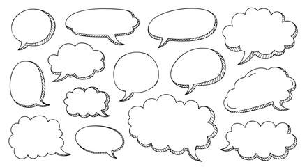 A collection of hand-drawn speech bubbles and thought clouds in various shapes and sizes, outlined in black on a white background.