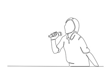 Woman holding microphone singing favorite song in continuous one line drawing. Single line art illustration of vocalist performing in festival.