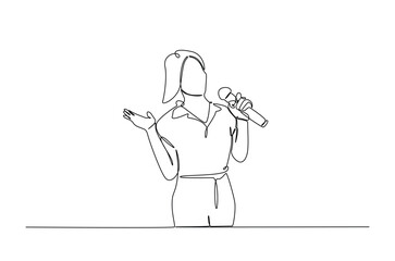 Woman holding microphone singing favorite song in continuous one line drawing. Single line art illustration of vocalist performing in festival.