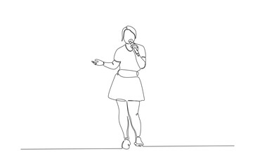 Woman holding microphone singing favorite song in continuous one line drawing. Single line art illustration of vocalist performing in festival.