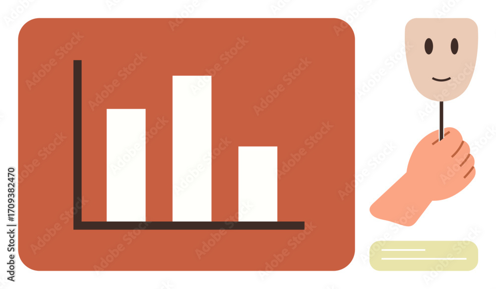 Poster bar chart beside a hand holding a smiling face mask, blending analytics with emotions. ideal for bus