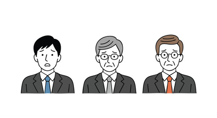 Three worried businessmen with different hair colors and styles, wearing suits and ties, against a white background.