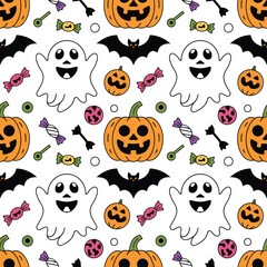 Fototapeta premium Whimsical Halloween pattern with smiling ghosts pumpkins and bats image photo
