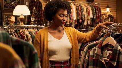 short hair black women - A woman browsing through a collection of vintage plaid shirts in a cozy thrift store, surrounded by warm lighting and a nostalgic atmosphere - Powered by Adobe