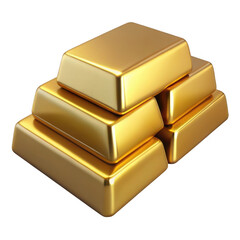 Pile of shiny gold bullion bars stacked together isolated on transparent background