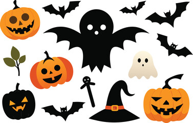 Spooky halloween collection vector illustration with pumpkins bats ghosts witch hat and owl eps