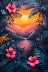 Tropical sunset hibiscus palms leaves water mountains nature landscape paradise island vacation scenic view