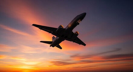 Airplane Taking Off at Sunset.