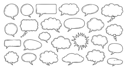 Collection of hand-drawn speech bubbles and thought clouds in various shapes and sizes, arranged in a grid.