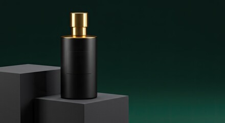 Elegant Black Bottle with Golden Cap on Dark Green Gradient Background