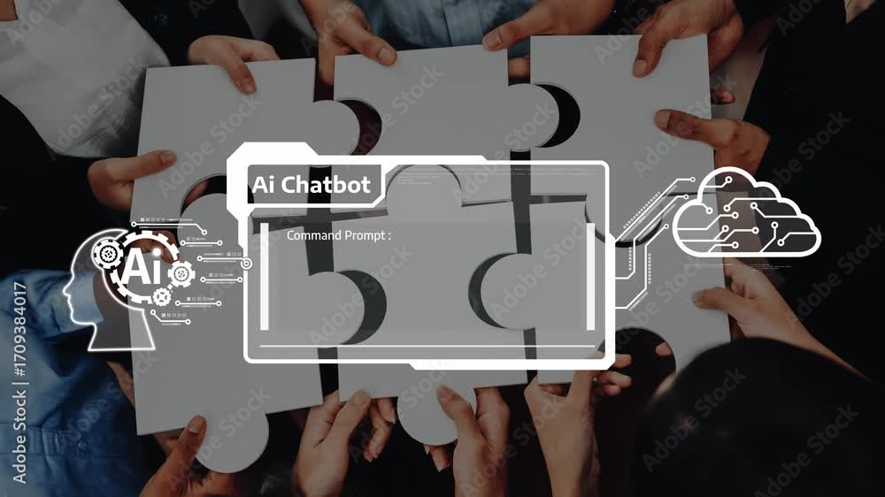 Aufkleber a dynamic scene showcasing a diverse group working together with ai chatbot technology to solve busi