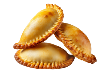 Fried baked pastry empanadas filled with ground beef cheese ham and crimped edges, isolated on white transparent background, concept of traditional Argentina snack
