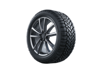 Shiny alloy wheel with deep tread tire automotive vehicle