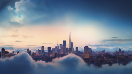 Fototapeta premium The city against the backdrop of the dawn sky concept background poster. AI artwork.