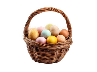 Woven basket filled with pastel colored eggs and straw easter