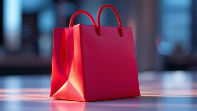 Red shopping bag with glossy paper handle modern table, soft lighting, elegant minimalistic retail packaging, stylish urban background, closeup