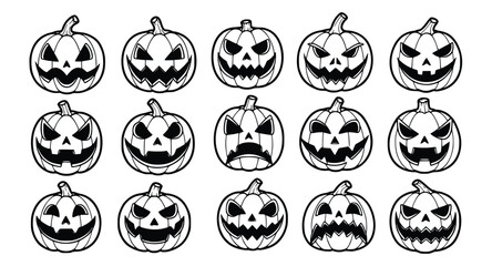 Black and white Doodle Vector art of a spooky assortment of cartoon pumpkins, , each carved with a menacing expression, perfect for adding a touch of halloween fright