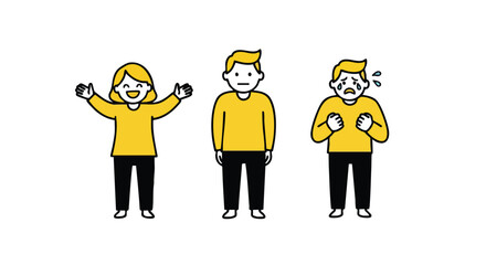Three cartoon figures depict different emotional states: joy with raised arms, neutral expression, and sadness with tears.