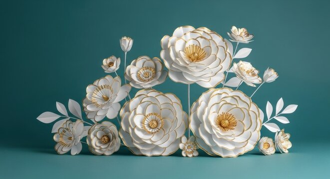 Elegant paper flowers arrangement featuring white and gold roses on a teal background, showcasing delicate craftsmanship