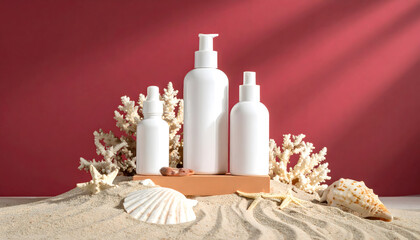 Cosmetic bottles on sand with seashells and coral against a red background.