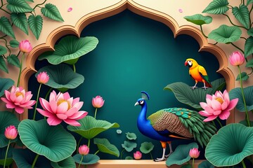 Naklejka premium Vibrant peacock and parrot in lush lotus garden with ornate decorative arch and greenery