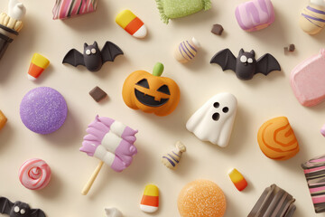 Fototapeta premium Cute Halloween candy and confectionery arranged in playful layout, featuring colorful treats like pumpkin, ghosts, bats, and various sweets. Perfect for festive celebrations